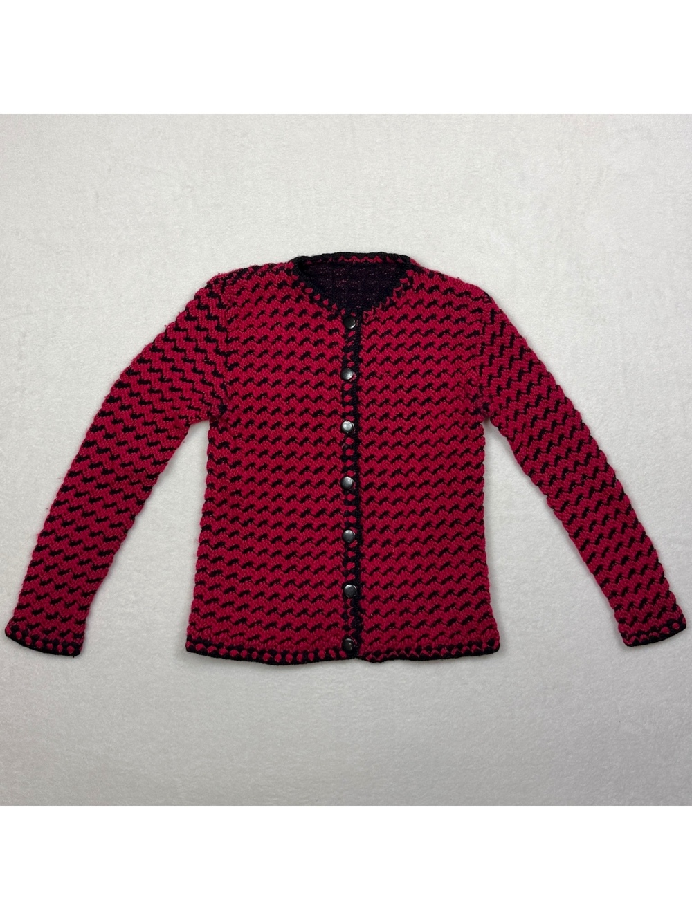 Pink Black Artisan Style Crochet Knit Button Cardigan